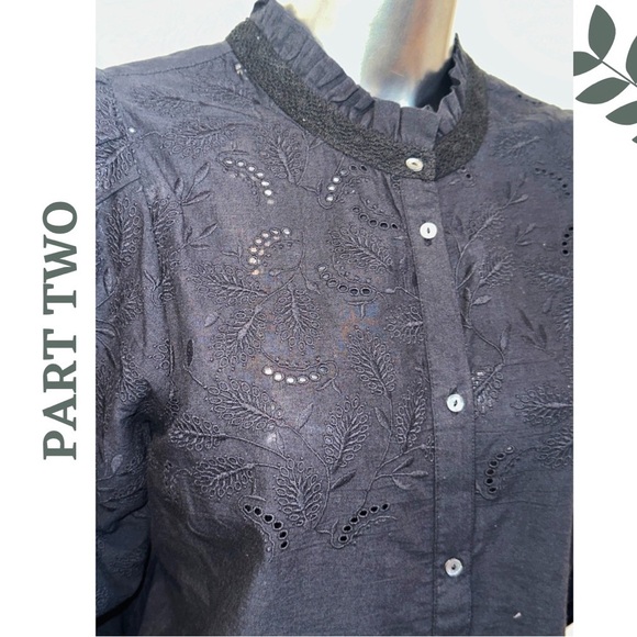 Part Two Black Statement Blouse | Eyelet Embroidered Puff Sleeve Shirt Size 8 - Picture 6 of 8